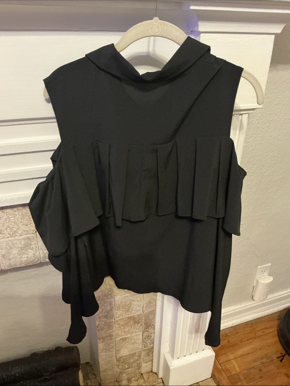 Black Ruffle Cold-Shoulder Button-Front Blouse MariGold Shadows - Picture 2 of 3
